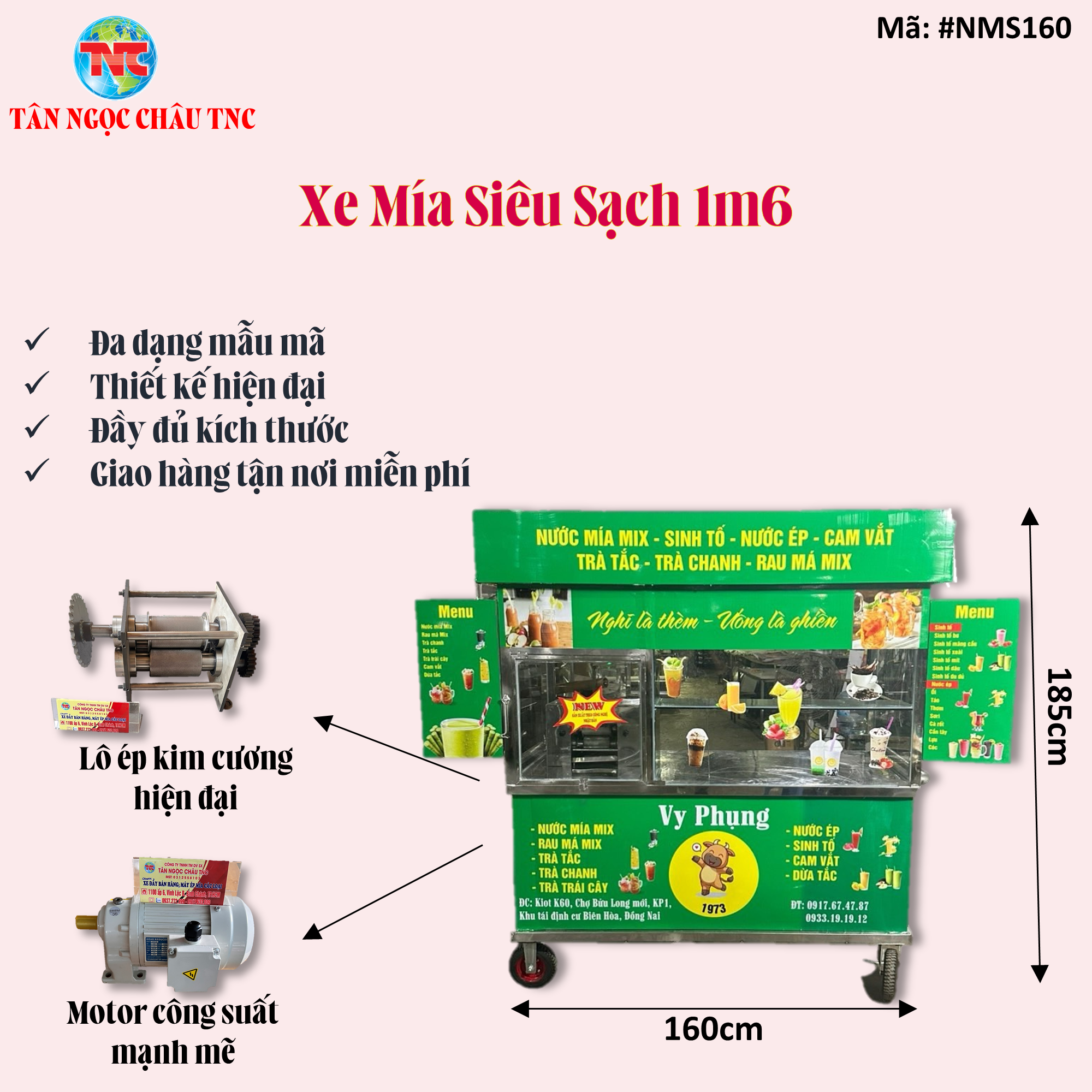 Xe nước mía siêu sạch liền bàn kim cương 1M6*60*1M85 MOTOR  800w ép 3 cây công suất mạnh mẽ